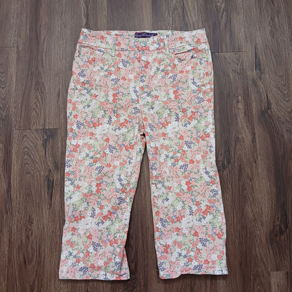 Gloria Vanderbilt Amanda Floral Crop Jeans Womens 10 Pink Orange Capri